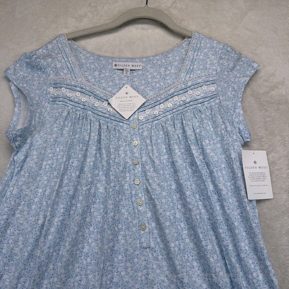 Eileen West Other - Eileen West White Meadow Blue Floral Cotton Cap Sleeve Nightgown Small NWT